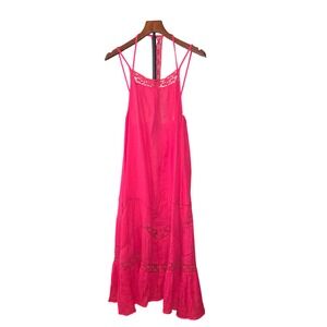 Anthropologie Midi Sun Dress Womens Sz M Pink Crochet Lace Trim Gauze OB1692098
